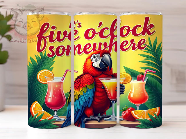 Funny Parrot Tumbler, It's Five O'clock Somewhere, Tropical Drink Design, Sublimation Wrap, 20oz Tumbler, Beach Lover Gift, Humor Gift Sublimation Lara' s Designs 