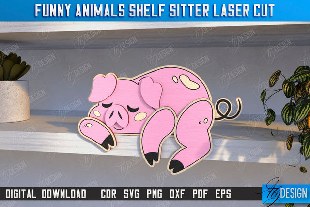 Funny Pig Shelf Sitters Laser Cut | Wooden Animals Figurine | CNC File SVG Fly Design 