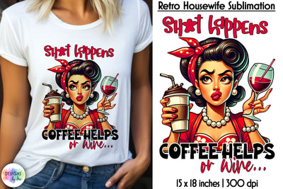 Funny Pinup Grumpy Housewife Sublimation, Coffee Lover Print Sublimation Designs by Ira 