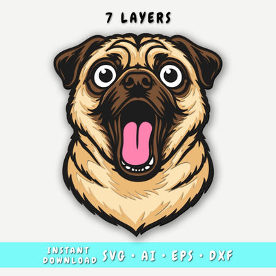 Funny Pug 3D SVG, 7 Layer Pug Head Cut File, Pug Multilayer SVG for Cricut & Laser, Pug DXF SVG HappyDesignStudio 