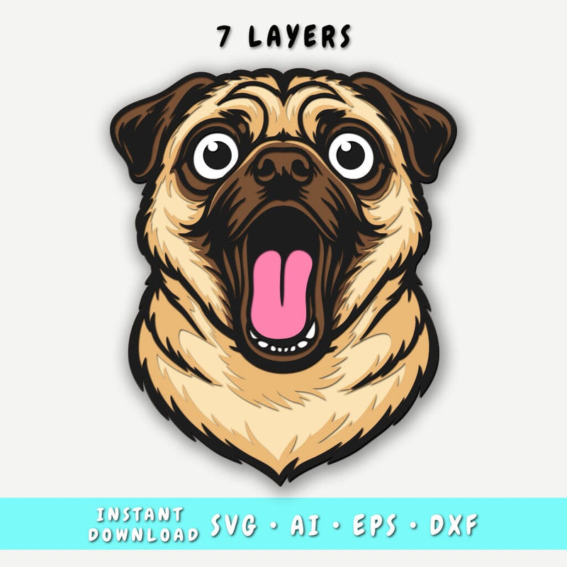 Funny Pug 3D SVG, 7 Layer Pug Head Cut File, Pug Multilayer SVG for Cricut & Laser, Pug DXF SVG HappyDesignStudio 