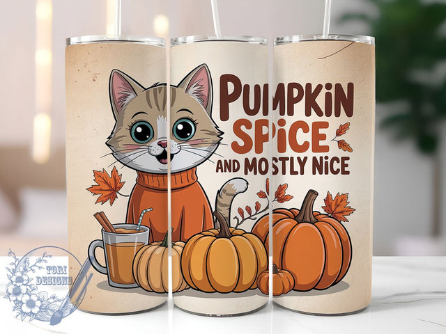 Funny Pumpkin Spice Cat Tumbler, Pumpkin Spice Wrap, Fall Quote Cup, 20oz Sublimation, Cute Cat Mug, Autumn Humor Tumbler, Mostly Nice Drinkware Sublimation ToriDesigns 