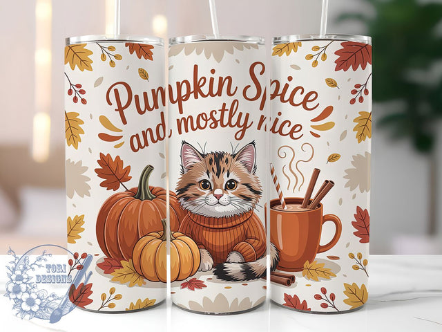 Funny Pumpkin Spice Cat Tumbler, Pumpkin Spice Wrap, Fall Quote Cup, 20oz Sublimation, Cute Cat Mug, Autumn Humor Tumbler, Mostly Nice Drinkware Sublimation ToriDesigns 
