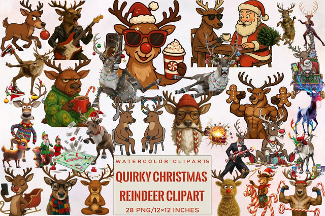 Funny Quirky Christmas Reindeer Clipart Bundle. Sublimation SVGArt 