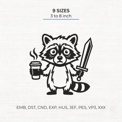 Funny Raccoon Embroidery Design – Coffee and Sword Raccoon Cartoon Animal Machine Embroidery File Embroidery/Applique DESIGNS PatternFeed8 