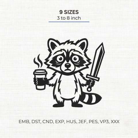 Funny Raccoon Embroidery Design – Coffee and Sword Raccoon Cartoon Animal Machine Embroidery File Embroidery/Applique DESIGNS PatternFeed8 