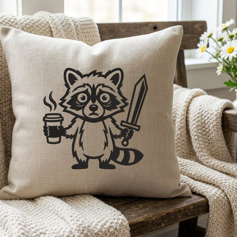 Funny Raccoon Embroidery Design – Coffee and Sword Raccoon Cartoon Animal Machine Embroidery File Embroidery/Applique DESIGNS PatternFeed8 