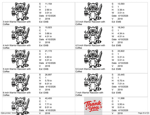 Funny Raccoon Embroidery Design – Coffee and Sword Raccoon Cartoon Animal Machine Embroidery File Embroidery/Applique DESIGNS PatternFeed8 