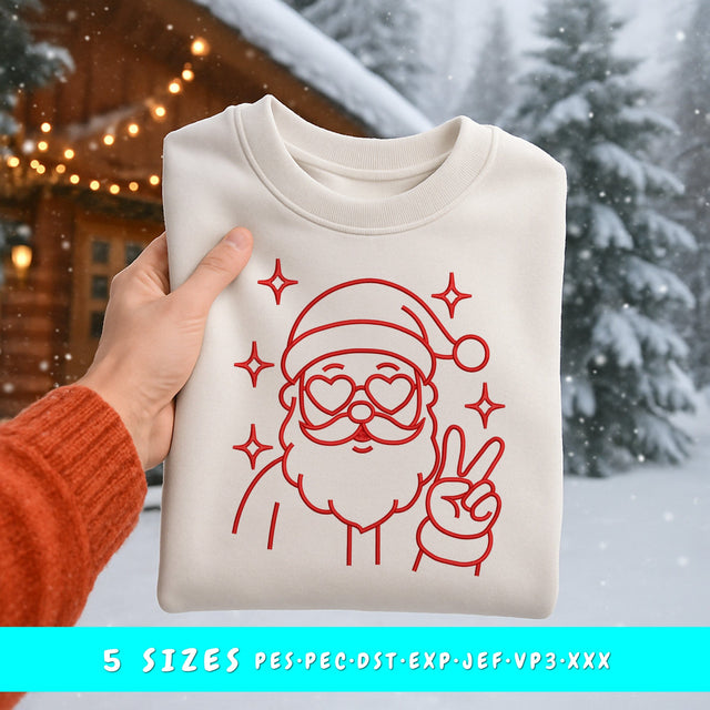 Funny Santa Line Art Embroidery Design | Peace Sign Santa | Santa with Heart Glasses Embroidery | 5 Sizes PES PEC DST Exp Jef VP3 Embroidery/Applique DESIGNS HappyDesignStudio 