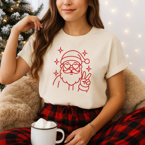 Funny Santa Line Art Embroidery Design | Peace Sign Santa | Santa with Heart Glasses Embroidery | 5 Sizes PES PEC DST Exp Jef VP3 Embroidery/Applique DESIGNS HappyDesignStudio 