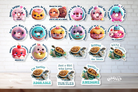 Funny Stickers Bundle Printable Kawaii Donuts pun printable stickers png Print and cut stickers Sublimation Createya Design 