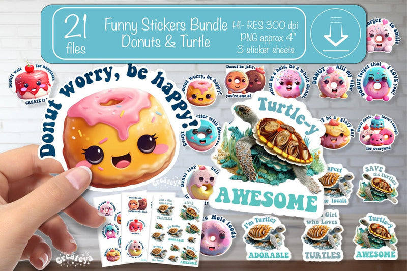 Funny Stickers Bundle Printable Kawaii Donuts pun printable stickers png Print and cut stickers Sublimation Createya Design 