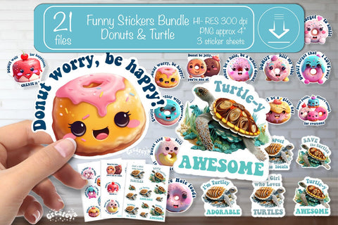 Funny Stickers Bundle Printable Kawaii Donuts pun printable stickers png Print and cut stickers Sublimation Createya Design 
