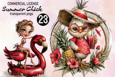 Funny Summer Chick Clipart Bundle. Sublimation SVGArt 