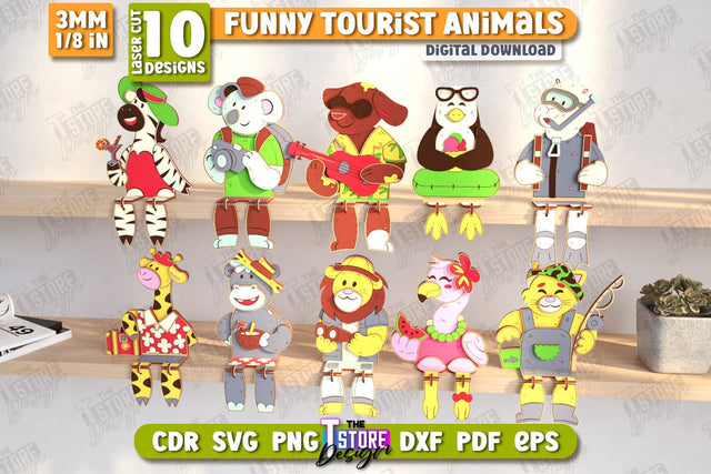 Funny Tourist Animals Laser Cut Bundle | Animals Shelf Sitters | Wooden Animals Figurine | CNC Files SVG The T Store Design 