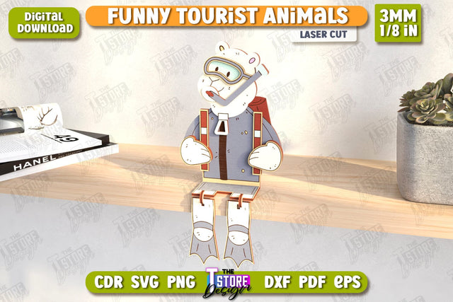 Funny Tourist Bear Laser Cut | Animals Shelf Sitters | Wooden Animals Figurine | CNC File SVG The T Store Design 