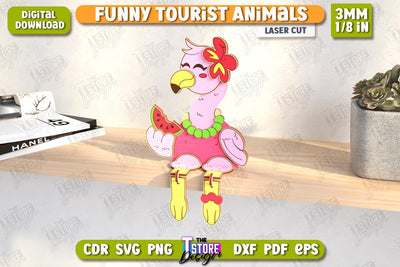 Funny Tourist Flamingo Laser Cut | Animals Shelf Sitters | Wooden Animals Figurine | CNC File SVG The T Store Design 