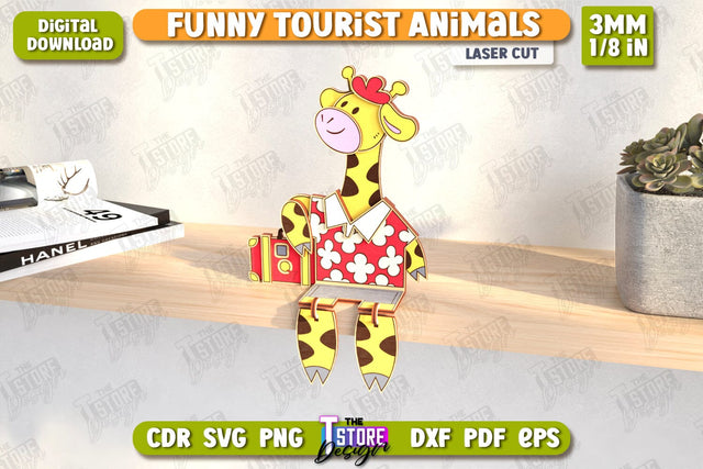 Funny Tourist Giraffe Laser Cut | Animals Shelf Sitters | Wooden Animals Figurine | CNC File SVG The T Store Design 
