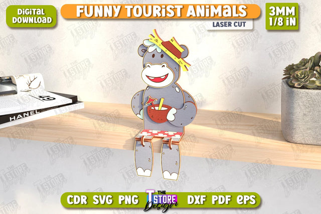 Funny Tourist Hippo Laser Cut | Animals Shelf Sitters | Wooden Animals Figurine | CNC File SVG The T Store Design 