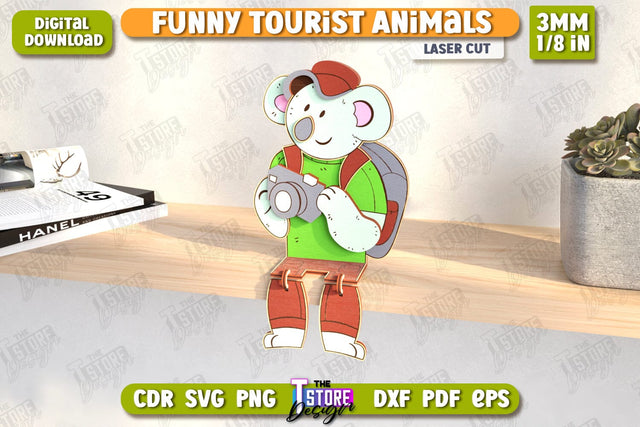 Funny Tourist Koala Laser Cut | Animals Shelf Sitters | Wooden Animals Figurine | CNC File SVG The T Store Design 