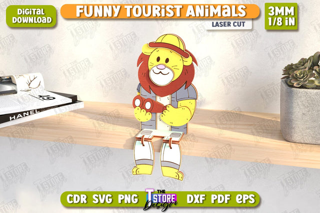 Funny Tourist Lion Laser Cut | Animals Shelf Sitters | Wooden Animals Figurine | CNC File SVG The T Store Design 