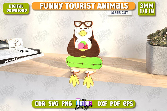 Funny Tourist Penguin Laser Cut | Animals Shelf Sitters | Wooden Animals Figurine | CNC File SVG The T Store Design 
