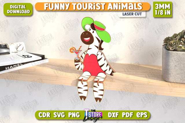 Funny Tourist Zebra Laser Cut | Animals Shelf Sitters | Wooden Animals Figurine | CNC File SVG The T Store Design 