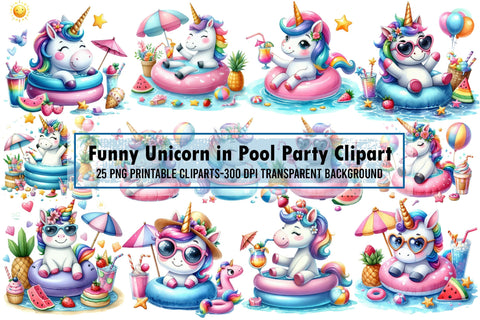 Funny Unicorn in Pool Party Clipart Sublimation designartist 
