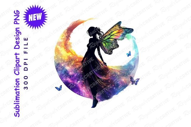 Galaxy Fairy Silhouette With Moon And Butterflies Sublimation Regulrcrative 