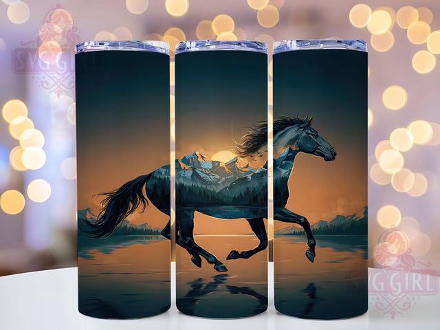 Galloping Horse Wild Nature 20oz Tumbler, Double Exposure, Majestic Horse, Flowing Mane, Wild Nature, Skinny Tumbler, Sublimation PNG Sublimation SvggirlplusArt 