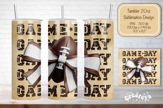Game day Football Tumbler Wrap Football Bow Seamless 20oz Skinny Tumbler Wrap PNG Retro Sublimation Design Sublimation Createya Design 