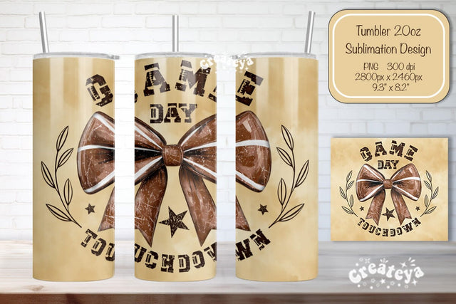 Game day Football Tumbler Wrap Football Bow Seamless 20oz Skinny Tumbler Wrap PNG Retro Sublimation Design Sublimation Createya Design 