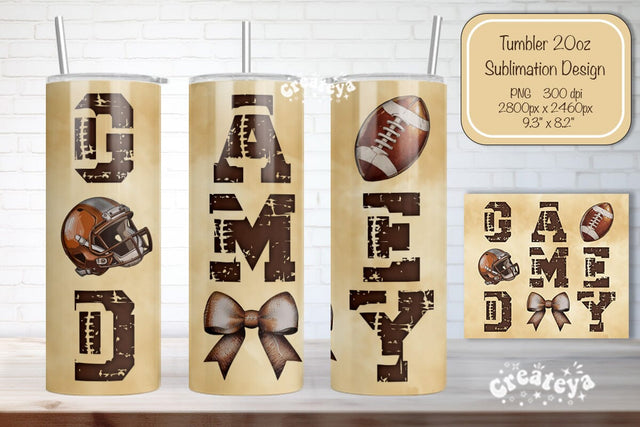 Game day Football Tumbler Wrap Seamless 20oz Skinny Tumbler Wrap PNG Retro Sublimation Design Sublimation Createya Design 