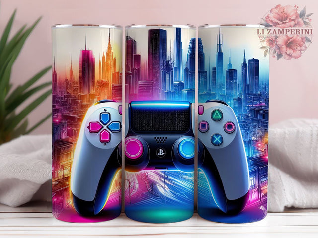 Gameland Gamer Controller PS 20 oz Tumbler Sublimation, PS5 Controller Neon City, Instant Digital Download PNG, Straight & Tapered Tumbler Wrap PNG Sublimation Li Zamperini 