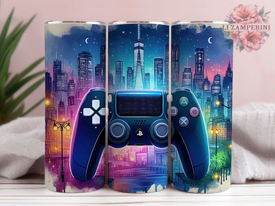 Gameland Gamer Controller PS 20 oz Tumbler Sublimation, PS5 Controller Neon City, Instant Digital Download PNG, Straight & Tapered Tumbler Wrap PNG Sublimation Li Zamperini 