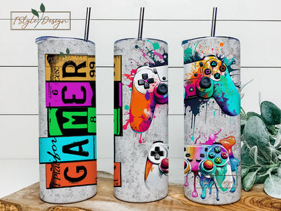 Gamer 20 oz skinny tumbler sublimation design Neon Video game controller digital PNG Straight wrap Waterslide download Sublimation iStyleDesign 