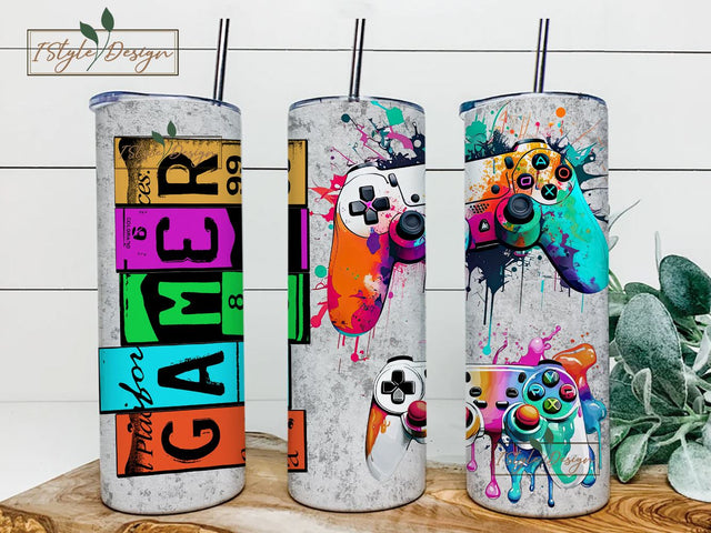 Gamer 20 oz skinny tumbler sublimation design Neon Video game controller digital PNG Straight wrap Waterslide download Sublimation iStyleDesign 