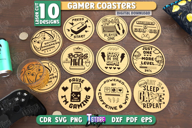 Gamer Coasters Laser Cut Bundle | Drink Coasters | Laser Engraving | Cup Coasters | CNC Files SVG The T Store Design 