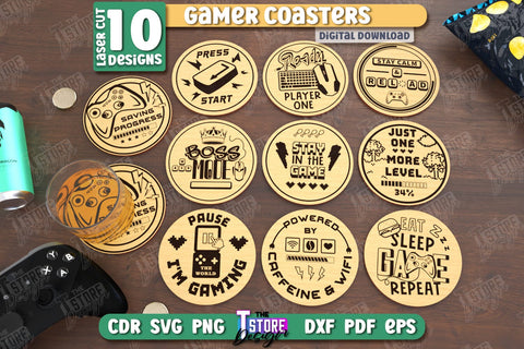 Gamer Coasters Laser Cut Bundle | Drink Coasters | Laser Engraving | Cup Coasters | CNC Files SVG The T Store Design 