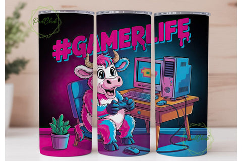 Gamer Cow 20oz Tumbler Wrap Sublimation PixelChick 