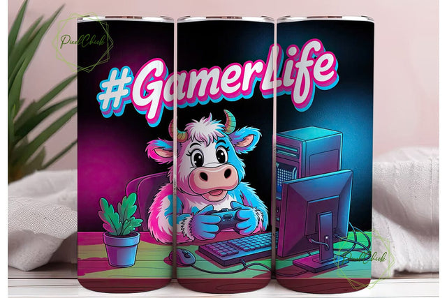 Gamer Cow 20oz Tumbler Wrap Sublimation PixelChick 