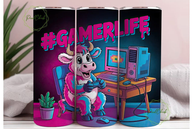 Gamer Cow 20oz Tumbler Wrap Sublimation PixelChick 