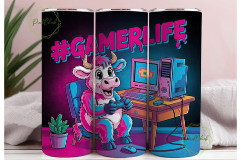 Gamer Cow 20oz Tumbler Wrap Sublimation PixelChick 