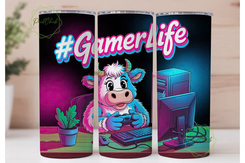 Gamer Cow 20oz Tumbler Wrap Sublimation PixelChick 