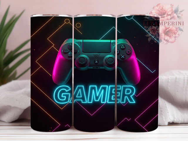 Gamer Neon Controller 20oz Tumbler Wrap, Neon Game Controller Cup, 20oz Sublimation Wrap, Video Game Gift, Retro Gaming Design, LED Glow Tumbler, Esports Drinkware Sublimation Li Zamperini 