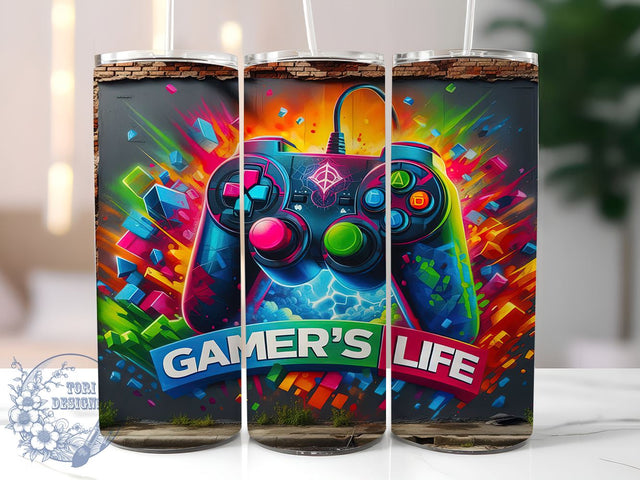 Gamer's Life 20oz Skinny Tumbler, Controller Gamer Tumbler Png, Straight & Tapered Tumbler Wrap, Instant Digital Download Sublimation ToriDesigns 