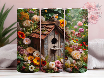 Garden Birdhouse Floral 20oz Tumbler, Rustic Gift, Sublimation Wrap, Floral Mug, 20oz Tumbler Design, Garden Birdhouse Art, Country Cottage Theme Sublimation Li Zamperini 