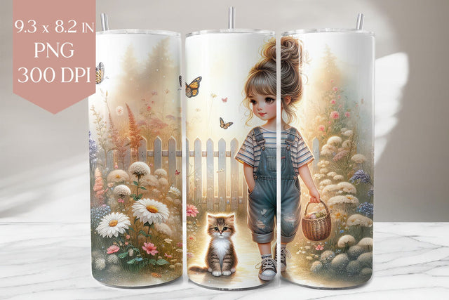 Garden Girl and Kitten Tumbler Sublimation Design Sublimation BijouBay 