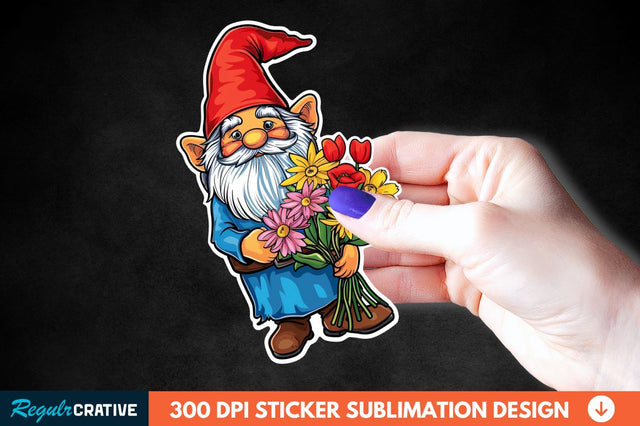 Garden Gnome With Flowers Sticker Clipart Sublimation Regulrcrative 