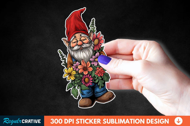 Garden Gnome With Flowers Sticker Clipart Sublimation Regulrcrative 